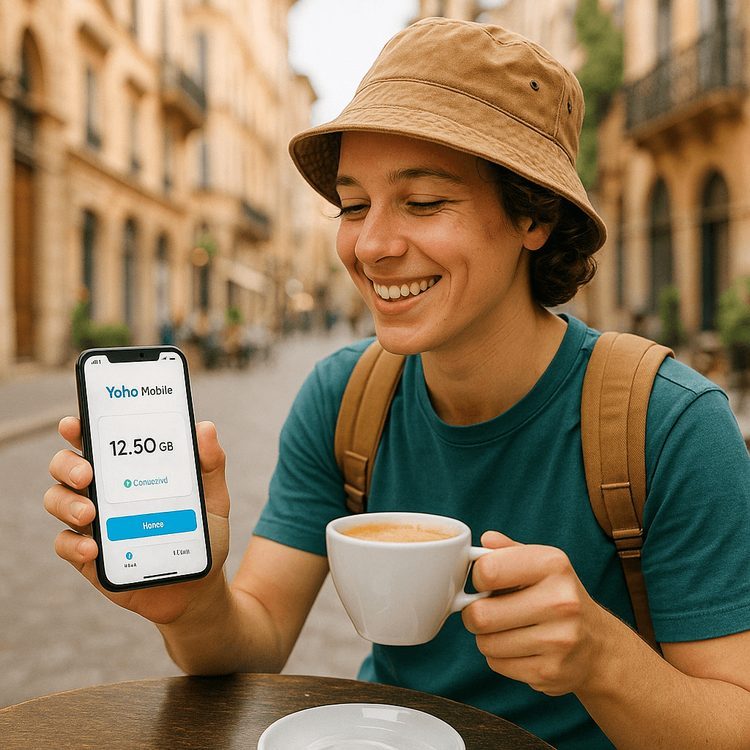Traveler using a mobile app on their phone while abroad, illustrating the convenience of digital payments and connectivity
