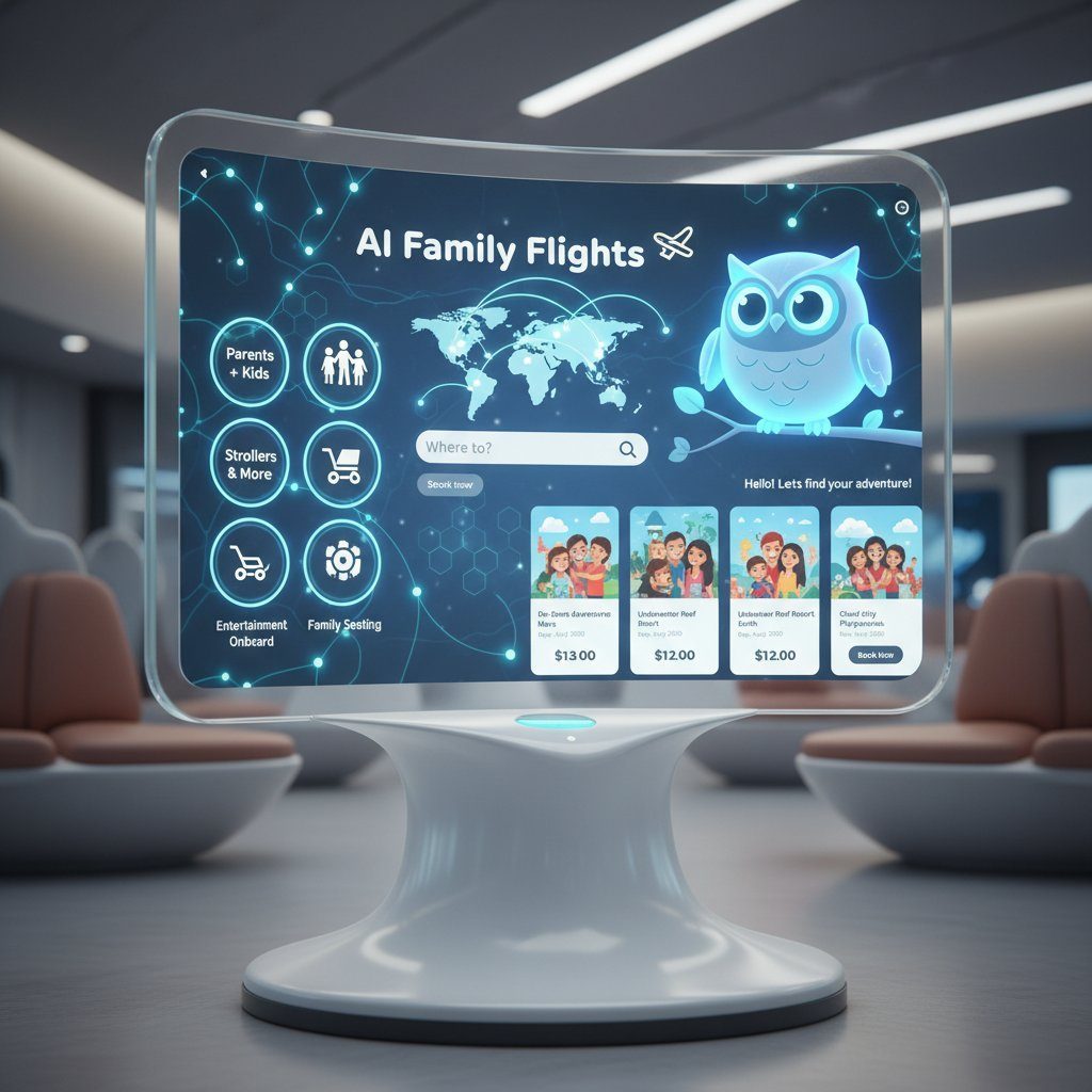 AI flight search interface optimized for families, futuristic design with highlighted family-friendly filters