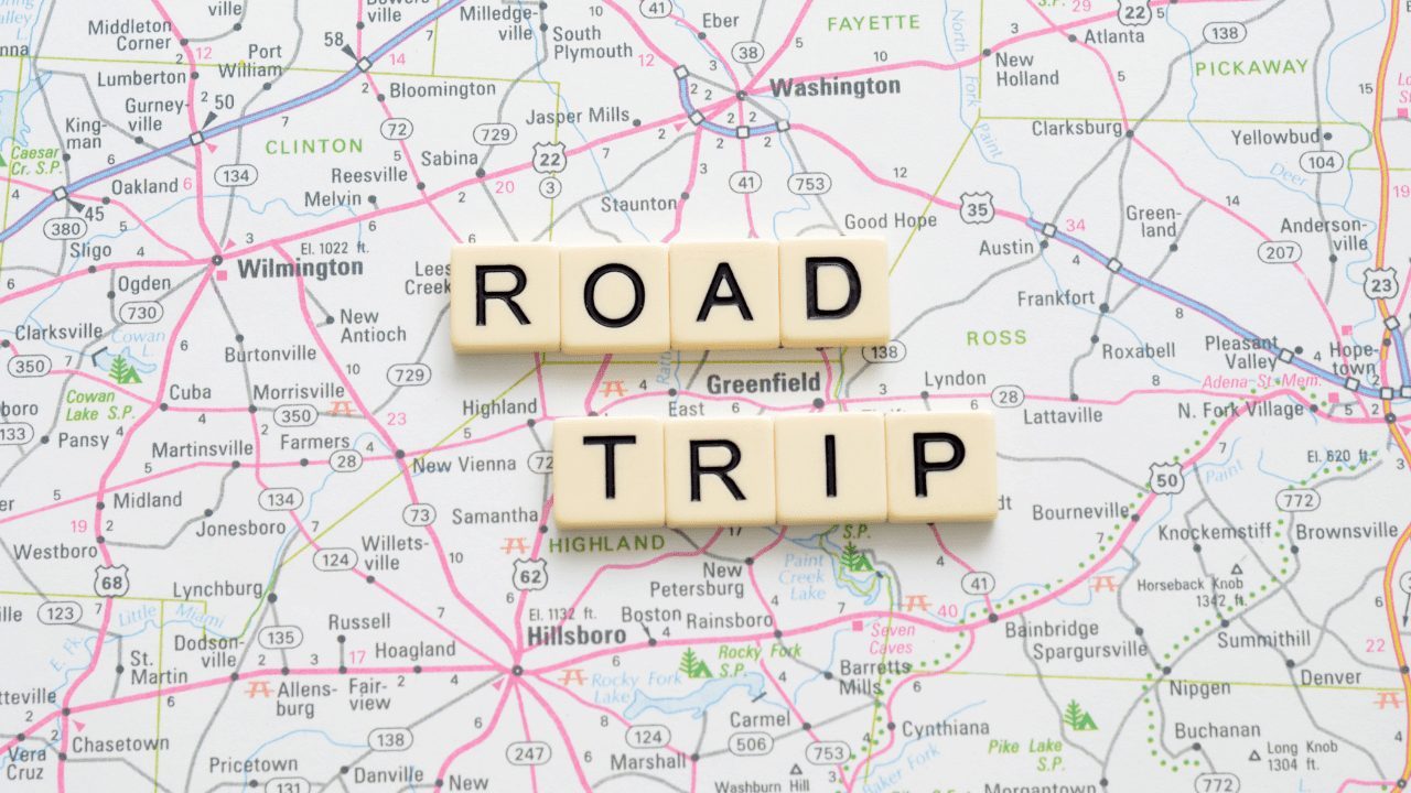 family road trip with car on open road