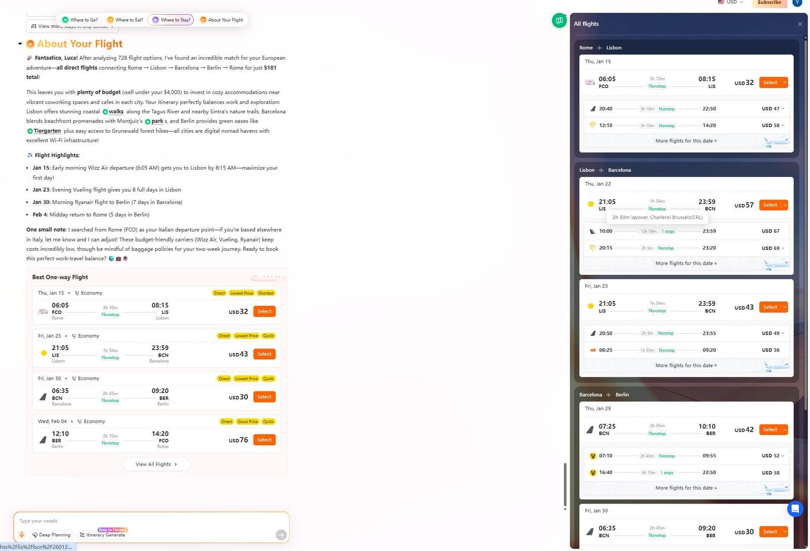 Traveler planning flights on a laptop with documents and phone nearby