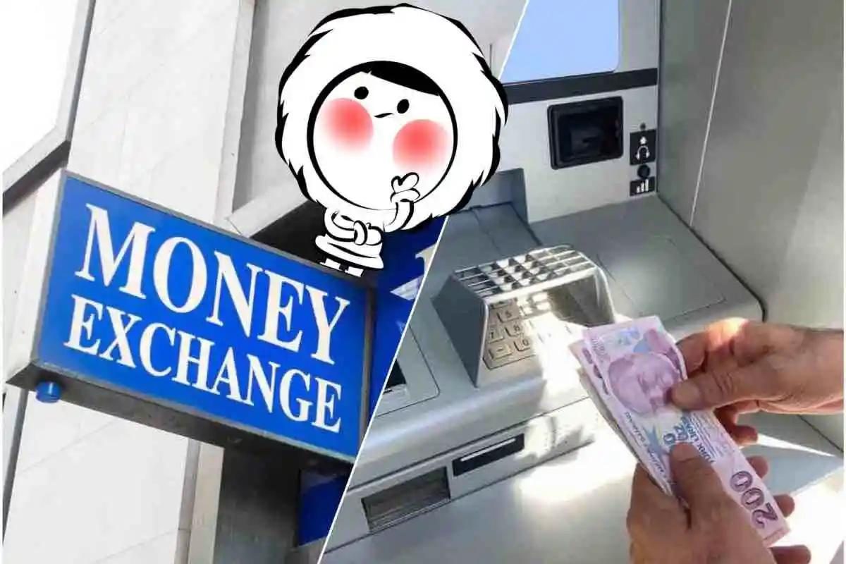 Illustration comparing exchanging money at counters versus using ATMs while traveling