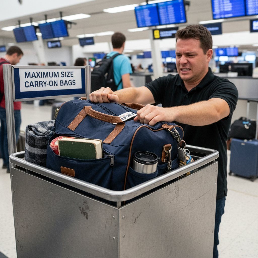 Close-up of two bags side by side in an airline sizer bin at airport check-in, tense mood, crisp focus, 16:9