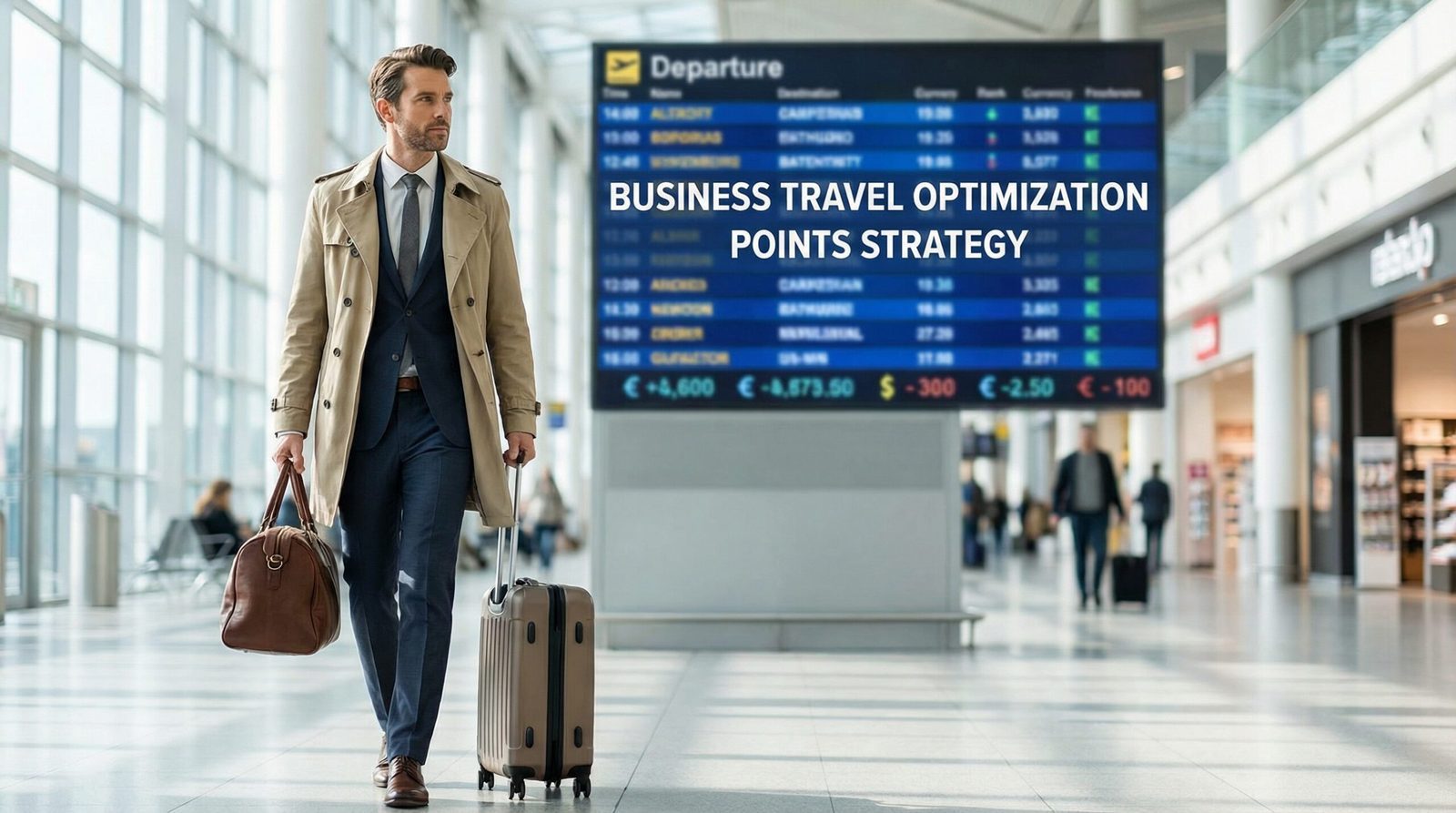 business traveler walking through airport with focus on points optimization and travel cost strategy