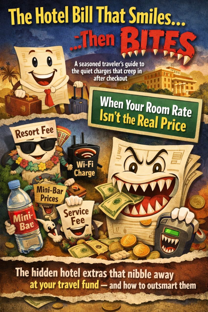 A hotel front desk where a guest is reviewing charges with staff.