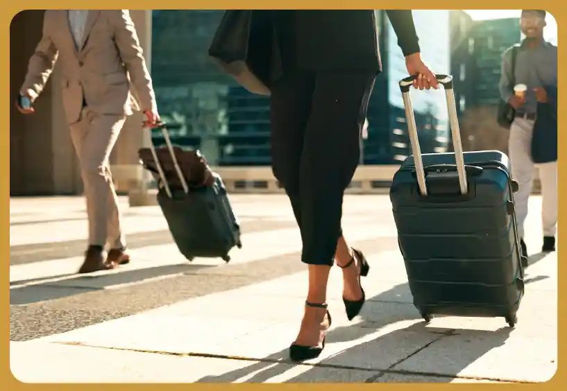 Travelers with luggage choosing airport transfer options