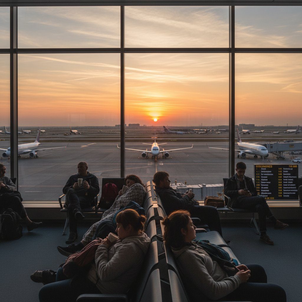 Early-morning flight crowd at airport terminal with tired travelers and dramatic sunrise