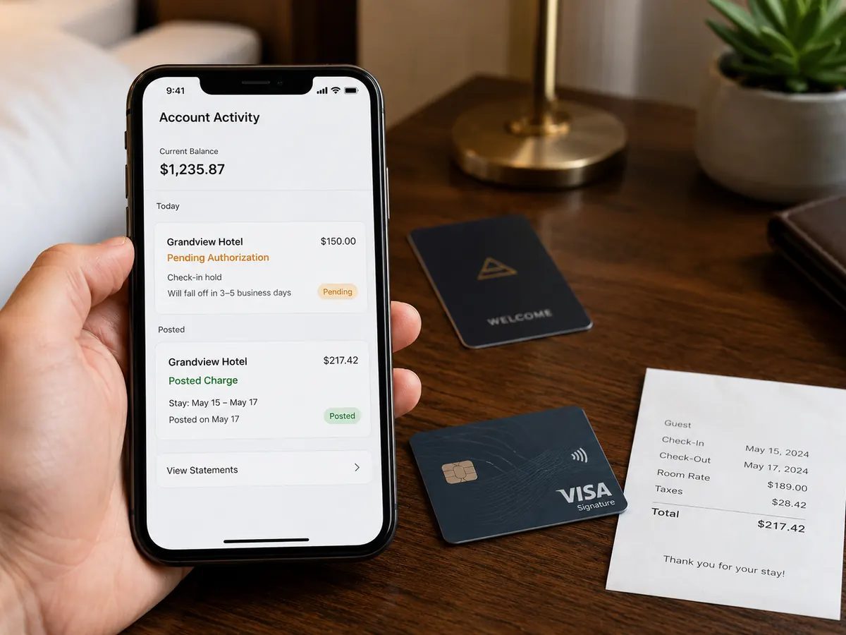 Phone showing a hotel pending authorization and posted hotel charge next to a hotel key card and credit card
