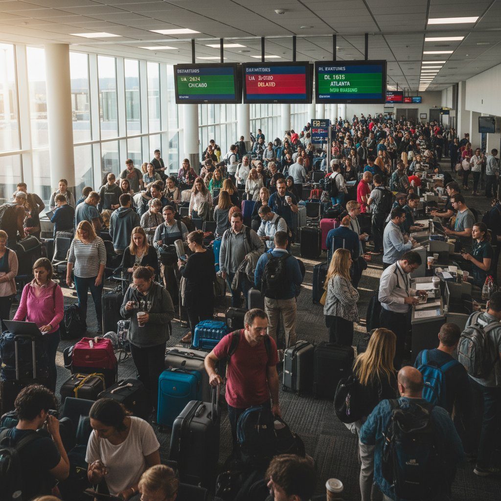 Packed airport gate on a Monday morning, passengers crowded, some sitting on the floor, digital boards, business travelers