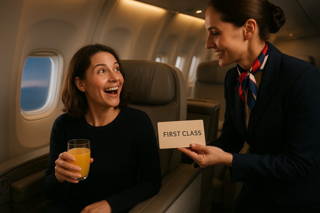 A smiling woman holding a glass of orange juice sits in a first-class airplane seat as a flight attendant presents her with a card labeled ‘First Class.’