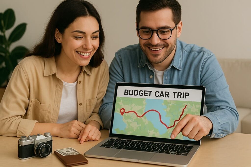 couple planning a road trip route on a computer