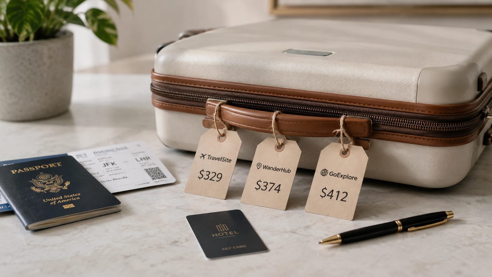 Illustration of how travel prices differ across websites due to fees and timing