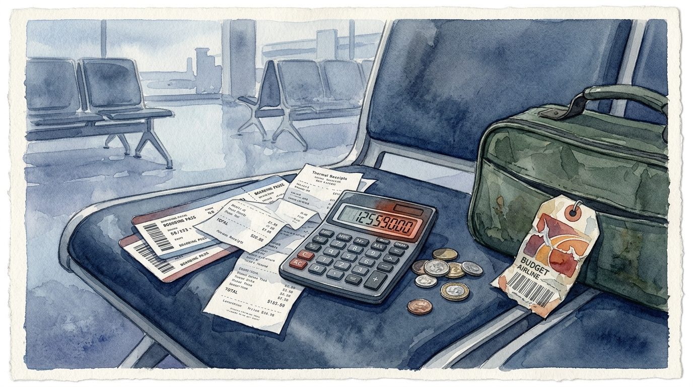 Watercolor illustration of airline boarding passes and receipts scattered on an airport seat with a calculator showing hidden fees total, representing budget airline hidden fees