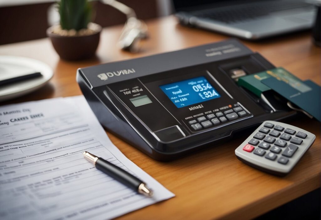 Cost calculator and paperwork related to travel fees and processing.