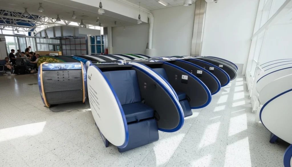 Airport sleep pods inside a terminal