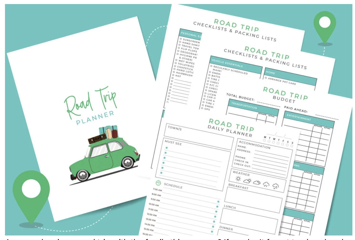 Road trip budget planner pages on teal background