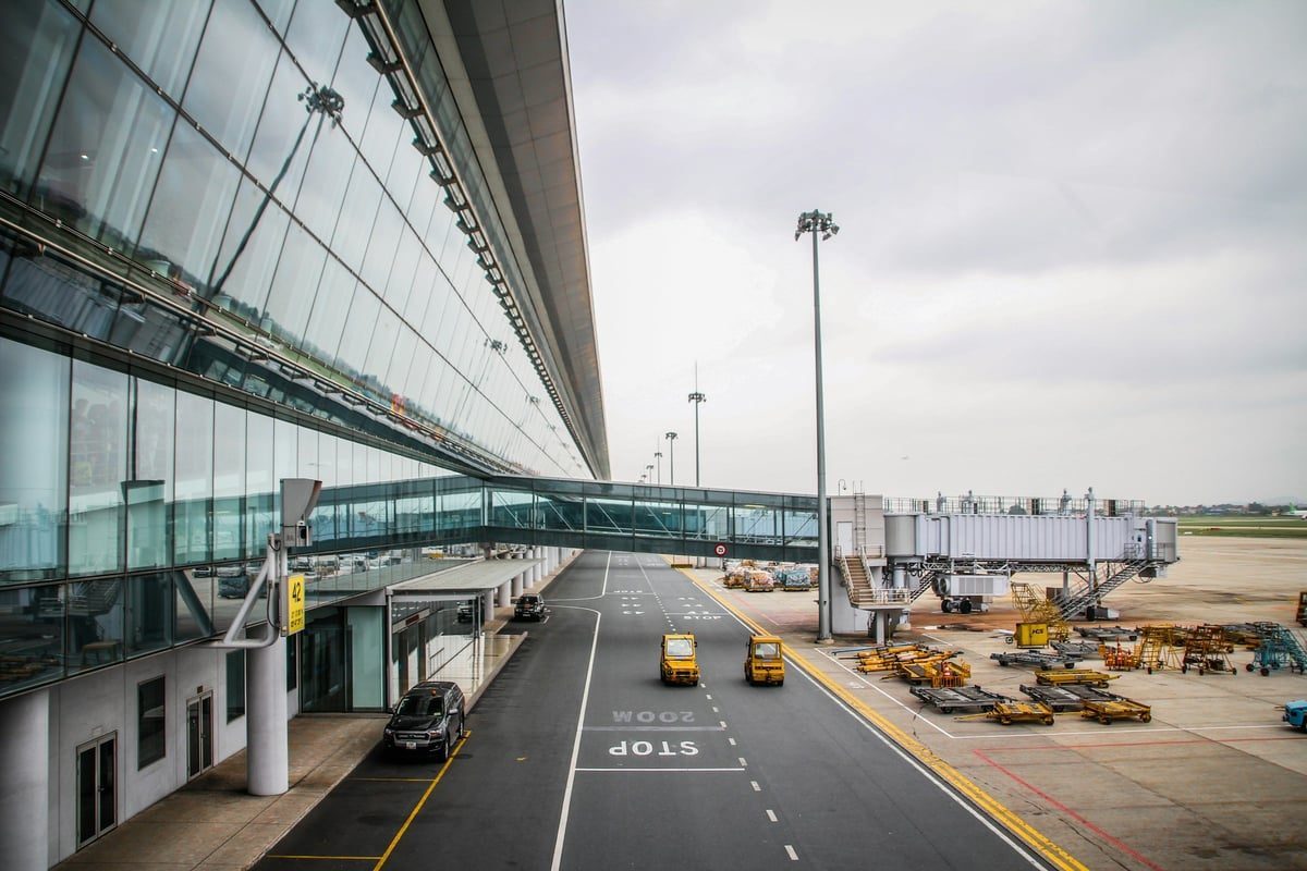 Airport apron view from terminal near a lounge