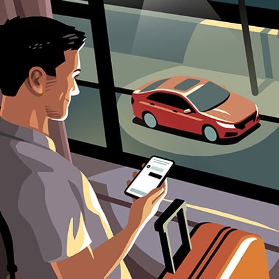 Passenger meeting a pre-booked rideshare driver at an airport pickup zone