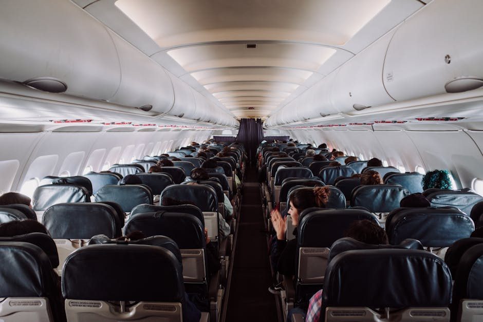 Passengers seated inside a commercial airplane cabin during a family flight