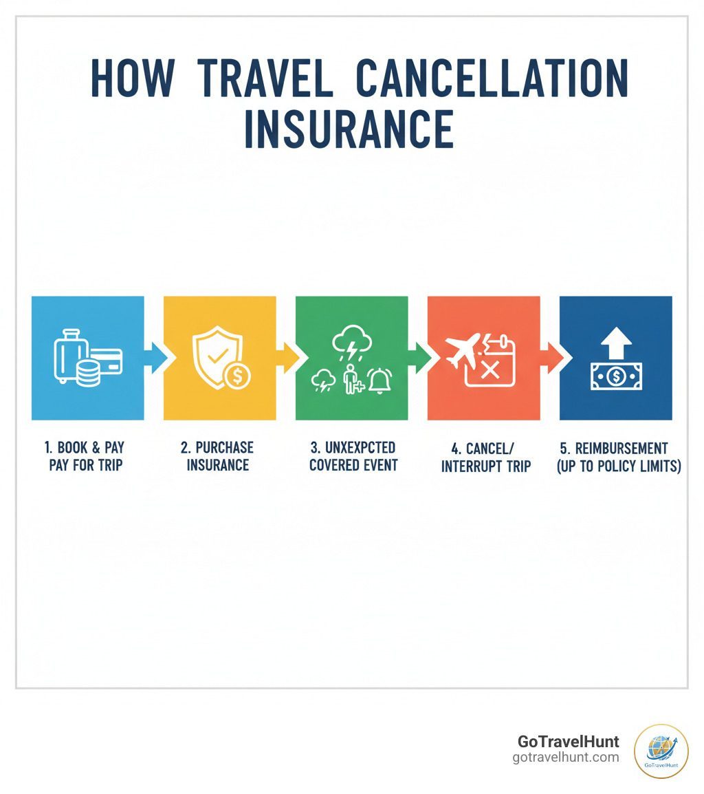 Infographic showing how travel cancellation insurance works: You book and pay for your trip → You purchase travel cancellation insurance → An unexpected covered event occurs (illness, weather, emergen