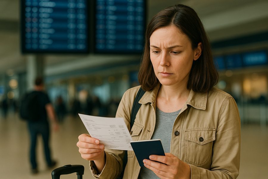 Traveler in an airport terminal checking flight details with suitcase and boarding pass