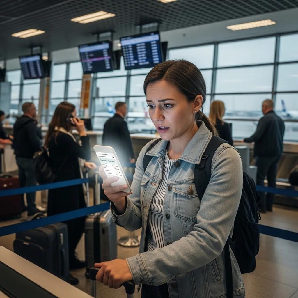 Frustrated traveler at airport checking unexpected airline fees on smartphone, surrounded by luggage and other passengers.