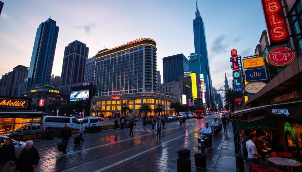 booking a hotel in a bustling city