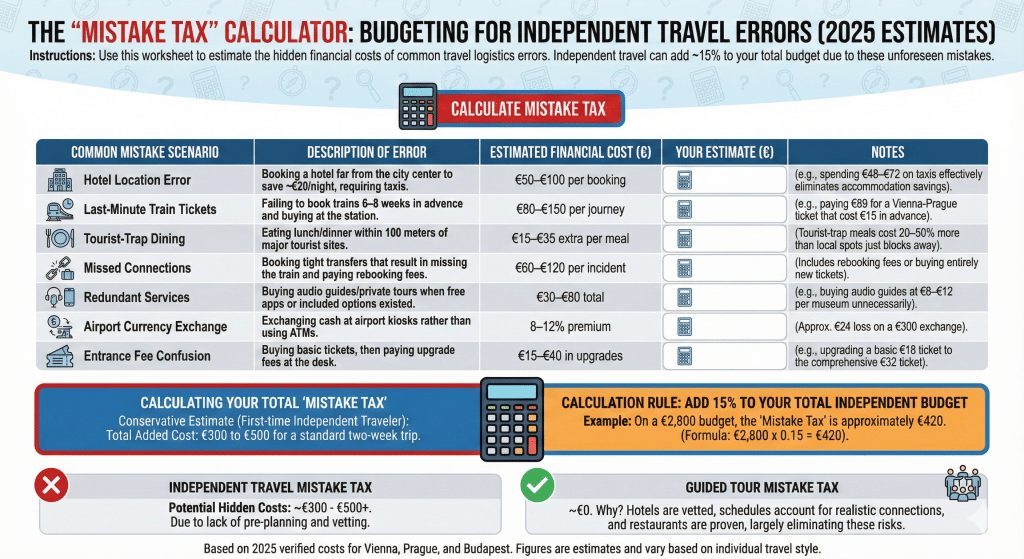 An infographic worksheet titled 'The Mistake Tax Calculator' for budgeting independent travel errors.