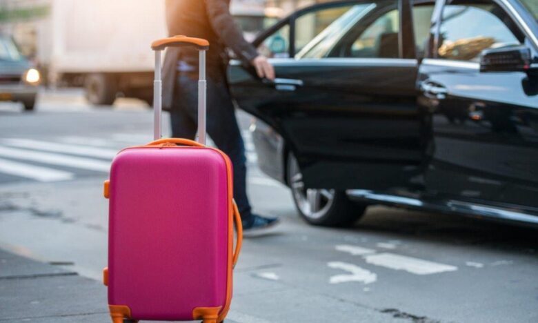 Passengers leaving airport terminal to find ground transportation