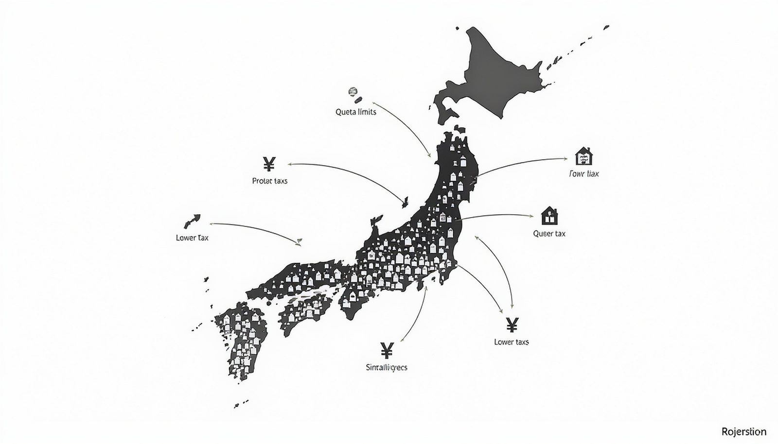 Conceptual map of Japan showing crowded hubs with quotas and satellite cities with easier access and lower costs