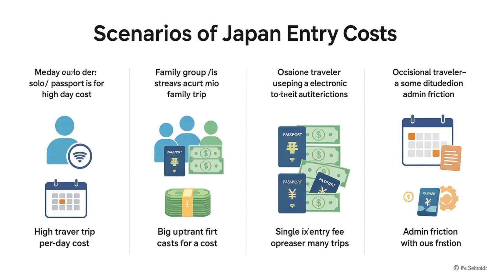 Matrix comparing visa fees and JESTA-style authorization costs for different traveler types and trip frequencies
