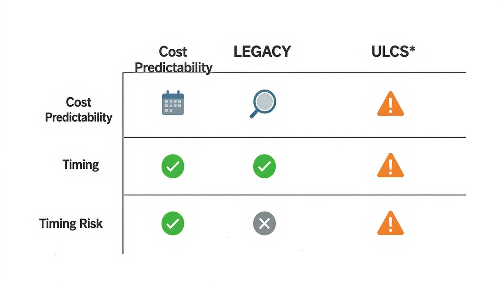 Matrix comparing legacy airlines and ultra-low-cost carriers on baggage cost predictability, transparency, and timing risk.