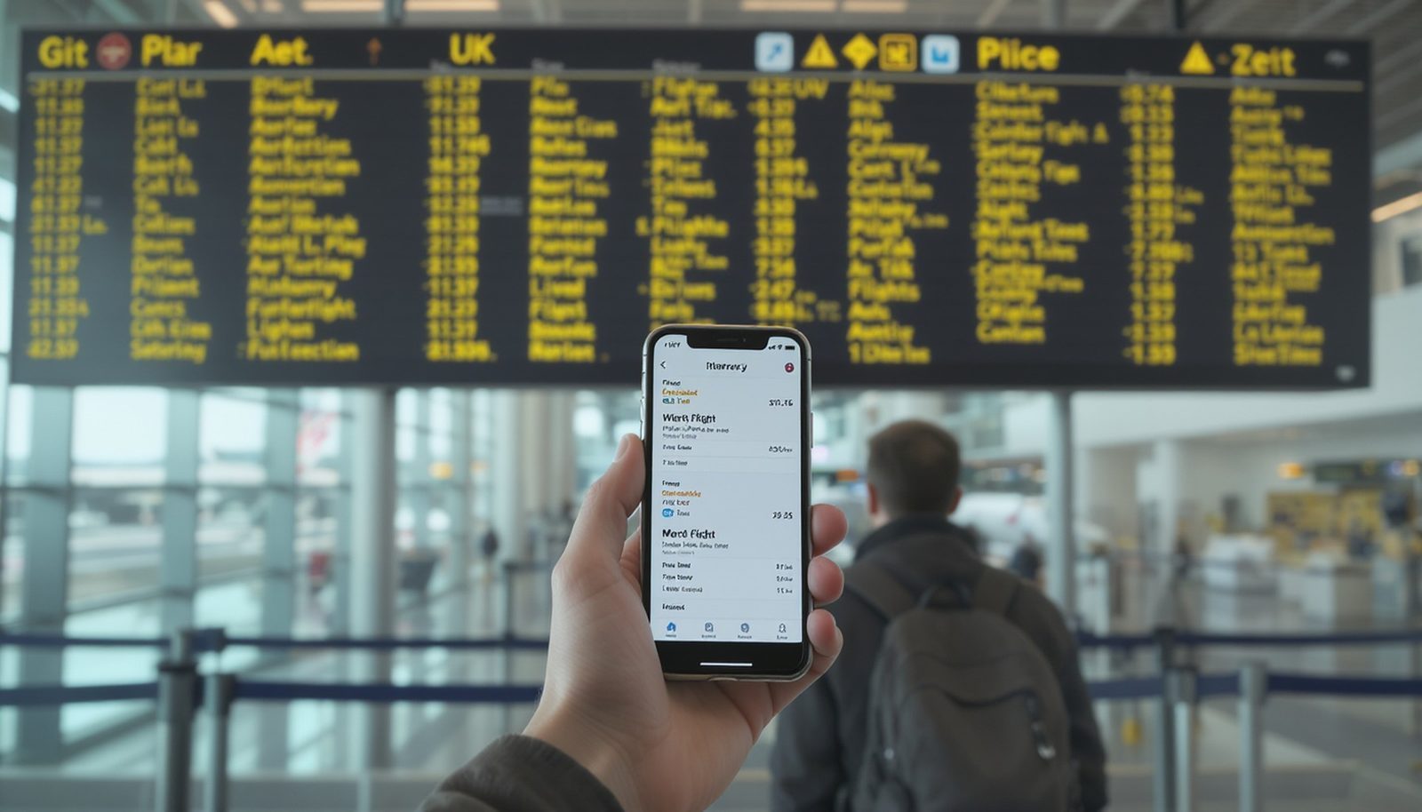 Passenger at a UK airport departure board comparing two itineraries, one showing a through-ticket connection and one showing separate tickets