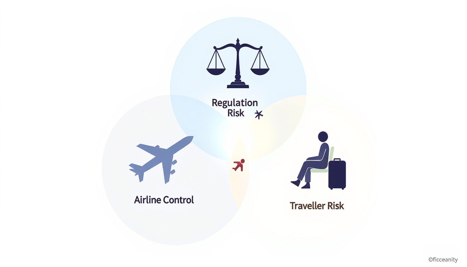 Conceptual graphic showing overlapping circles of airline control, regulation, and traveller risk in UK transit