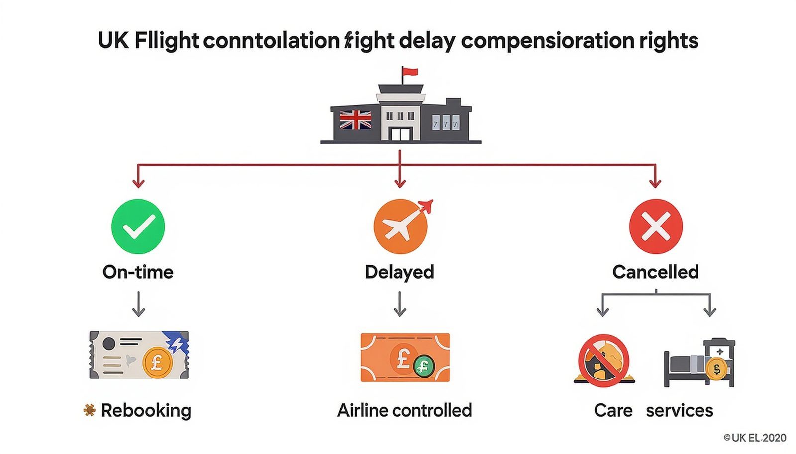 Flowchart showing how UK261 rights apply to delayed or cancelled flights during UK transit