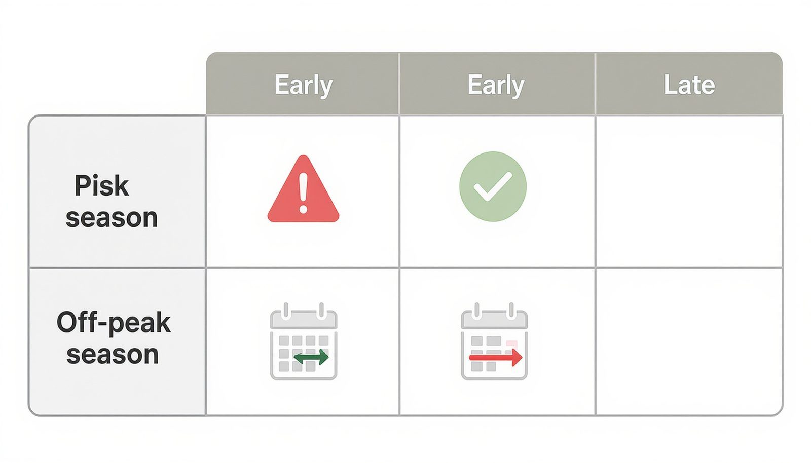 Table comparing early and late Schengen visa application strategies across peak and off-peak seasons, showing trade-offs in certainty and flexibility.