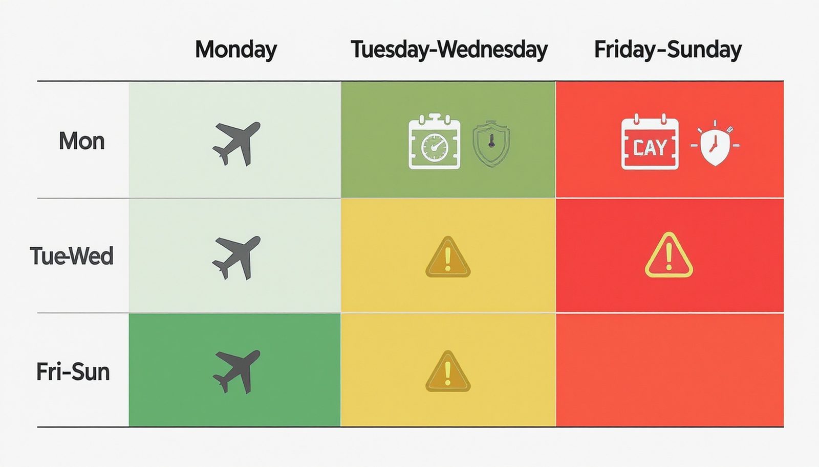 Matrix comparing disruption risk and refund protection across different days of the week